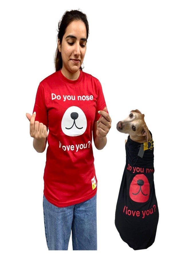 A+a Pets' Graphic Printed 'Do Your Nose I Love You' Premium T-Shirt for Human(Unisex) & Pets(Dog & Cat) Half Sleeve Round Neck Costumes | Cotton (BrownH - RedP) (Human - M, Pet - XS, RedH BlackP) - Image 1